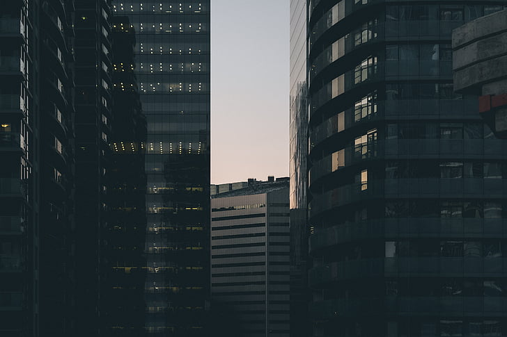 Architektura, černobílé, budovy, obchodní, město, Panoráma města, moderní