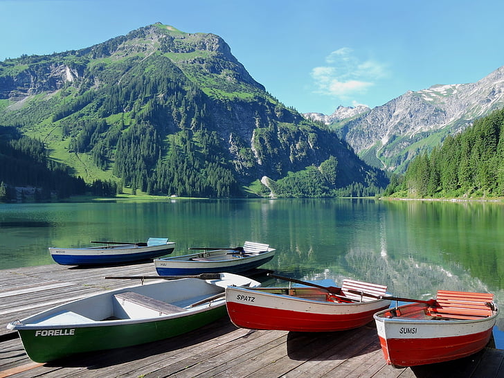 člny, veslíc, vilsalpsee, Tannheim, Tirolsko, turistickou destináciou, jazero