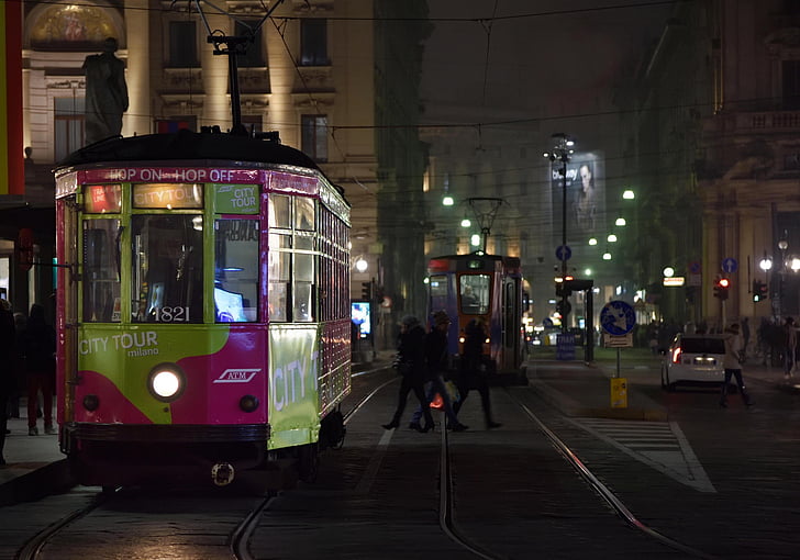 tram, Milaan, tracks, mensen, reis, vervoer, stad