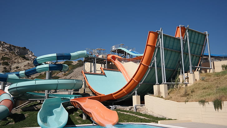 slide, piscina, azul, água