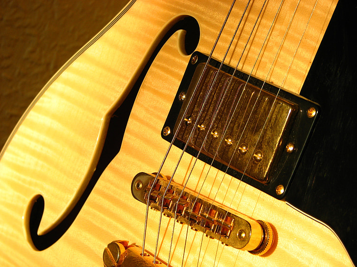 Guitarra, sonar, f-agujero, oro, amarillo dorado, guitarra eléctrica, instrumento