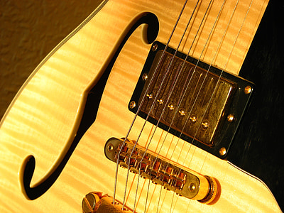 gitar, Sonar, f-lubang, emas, kuning keemasan, gitar listrik, instrumen