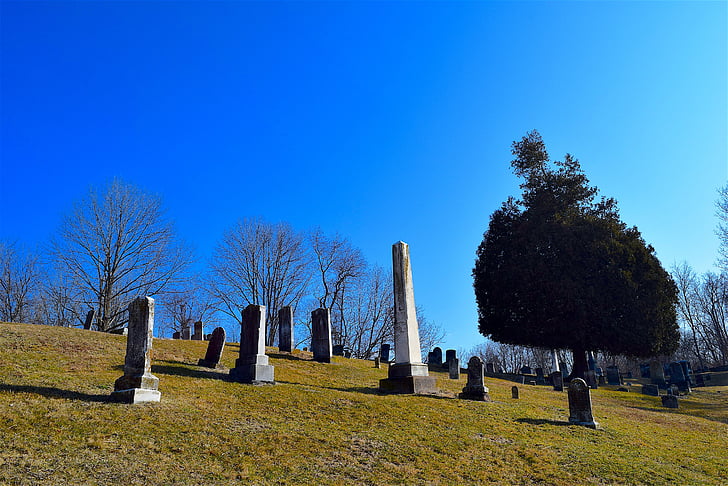 kirkegård, dagslys, blå himmel, kirkegård, religion, udendørs, dag