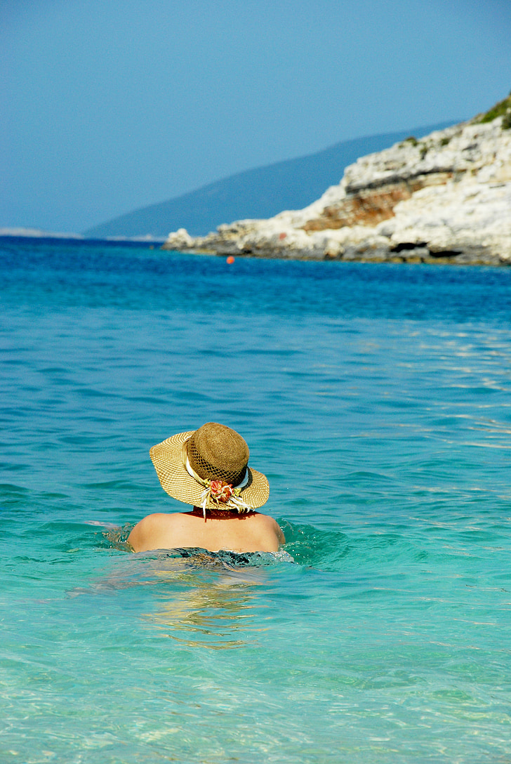 greece, sea, swimming, summer, hat, sky, holiday