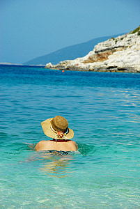 Griekenland, zee, zwemmen, zomer, hoed, hemel, vakantie