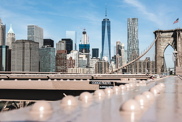 New york, Manhattan, pont suspendu, pont, pont en acier, Skyline, tiges de métal