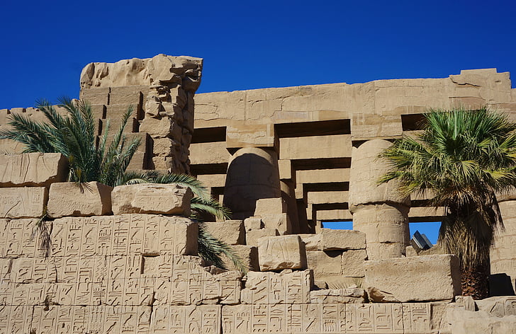 karnak, temple, columnar, hall, wall, palm trees, stones