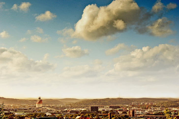 brown, blue, white, sky, clouds, city, buildings