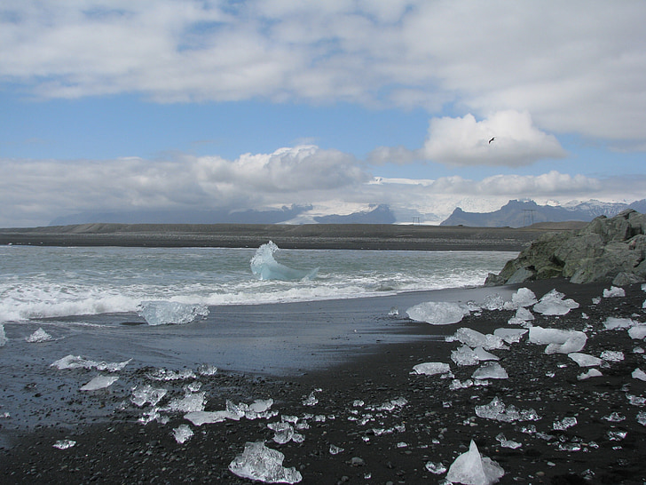 Islândia, praia, areia preta, iceberg
