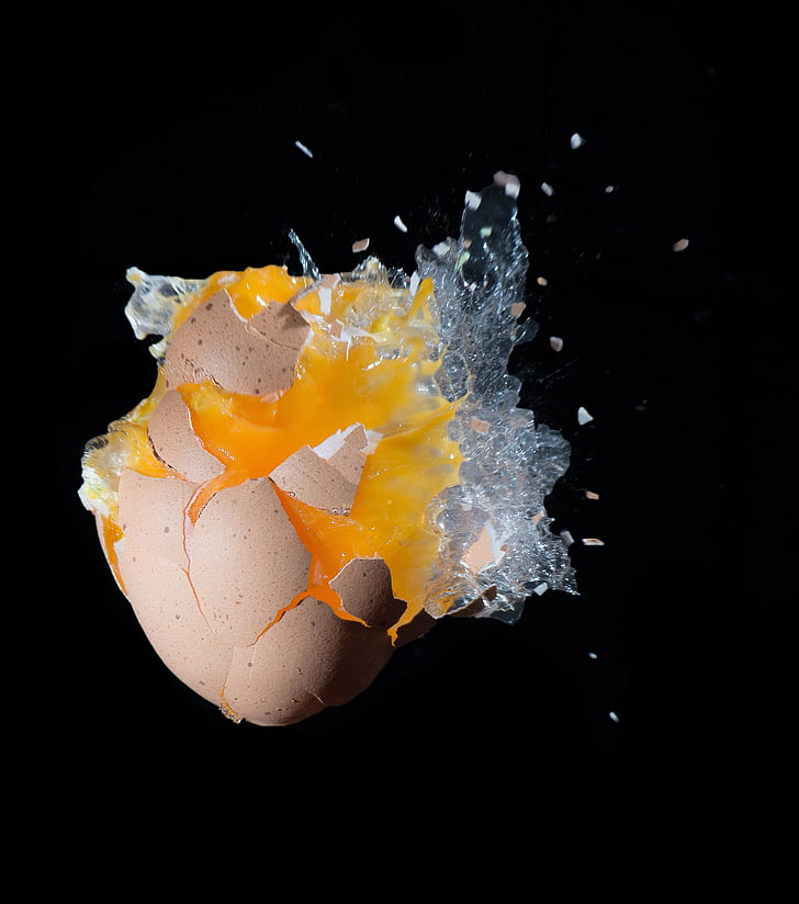 egg, shot, explosion, food, yellow, black Background