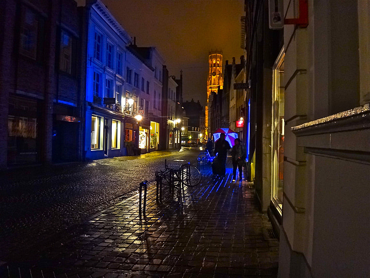 öö, meeleolu, valgustus, Värv, loominguline, City, Brugge