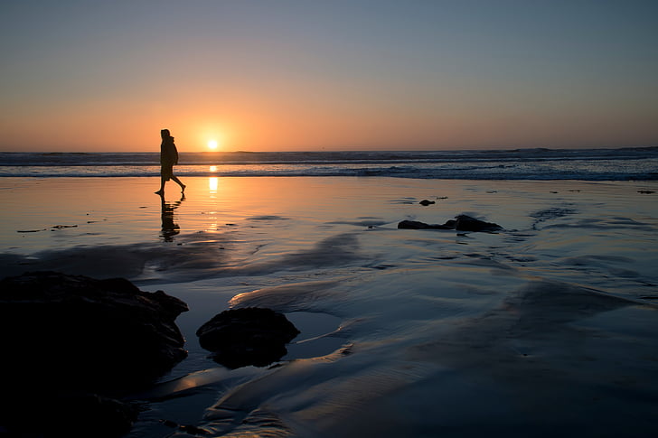 σιλουέτα, φωτογραφία, ο άνθρωπος, στέκεται, στη θάλασσα, Ακτή, Χρυσή