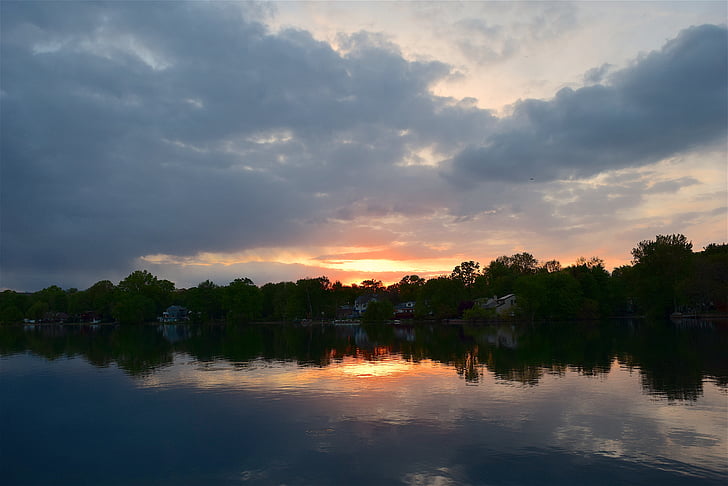 søen, Sunset, refleksion, vand, skyer, natur, landskab