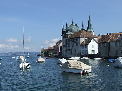 Konstanz Gölü, Kilise, tekneler, İdil, Yaz, Meersburg
