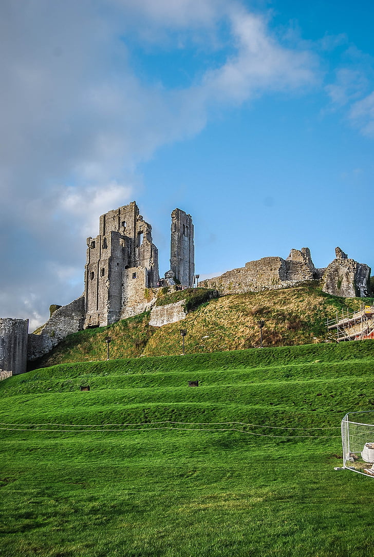 Corfe castle, Engeland, Dorset, heuvels, ruïnes, historische, hemel