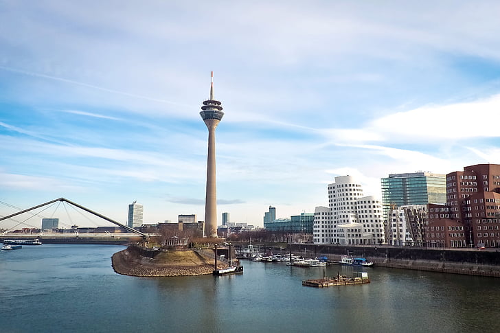 Skyline, Düsseldorf, Rhen, TV-tornet, Sky, floden, Transmission tower