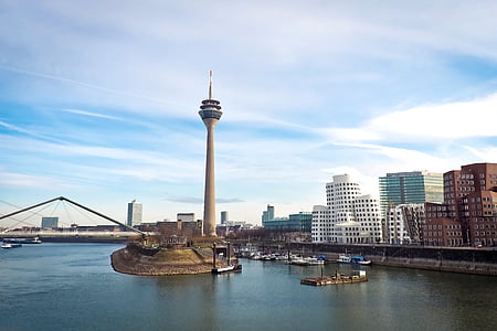 Panorama, Düsseldorf, Rýn, televizní věž, obloha, řeka, vysílací věž