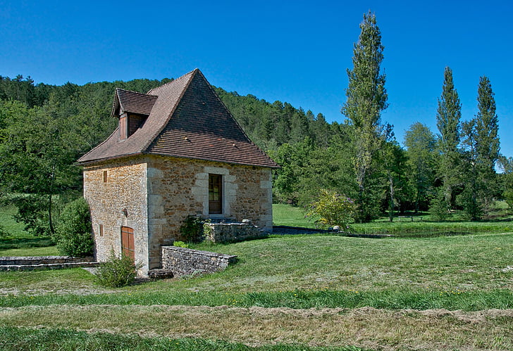 Dordogne, Francija, māja, māja, arhitektūra, akmens, meža