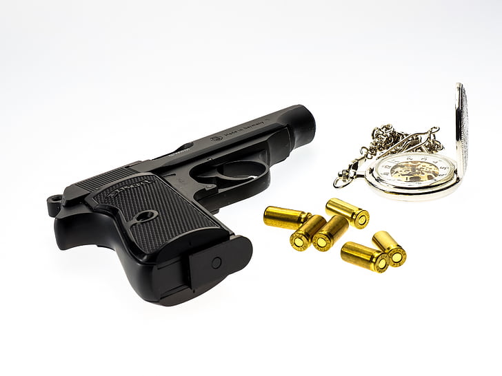 pistool, cartridges, Zakhorloge, misdaad, stemming, sfeer, ontdekking