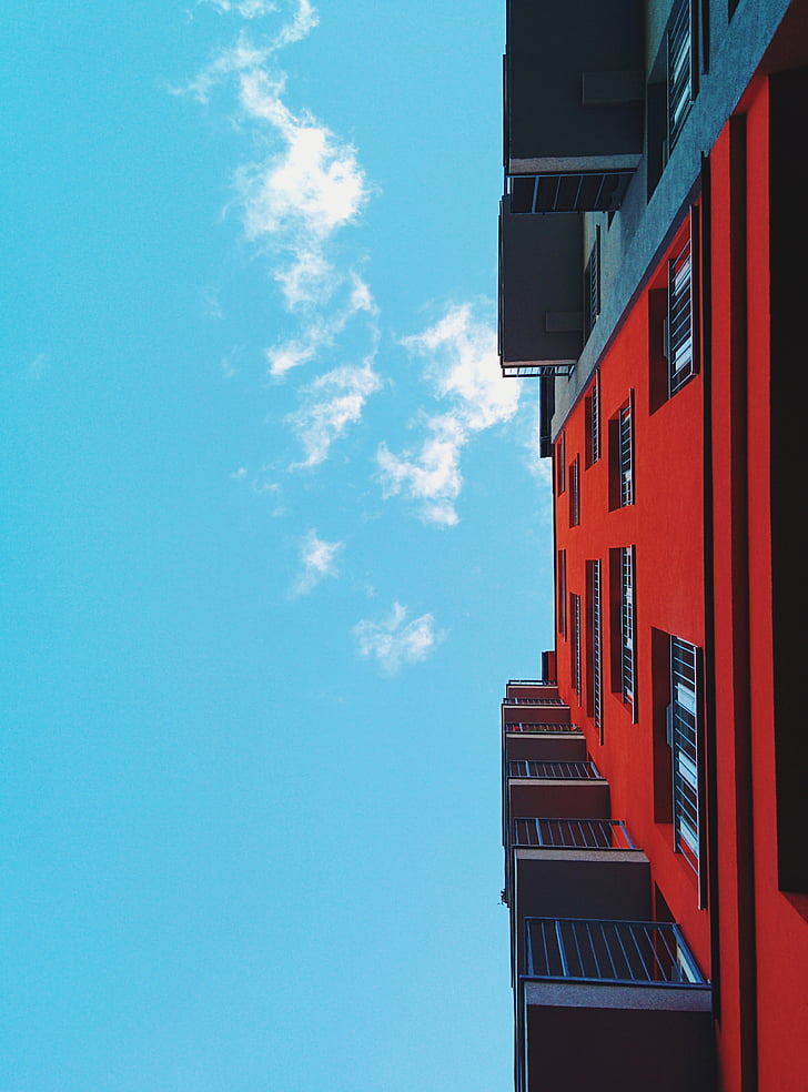 ēka, arhitektūra, sarkana, debesis, lūkojās augšup, būvniecība, dizains