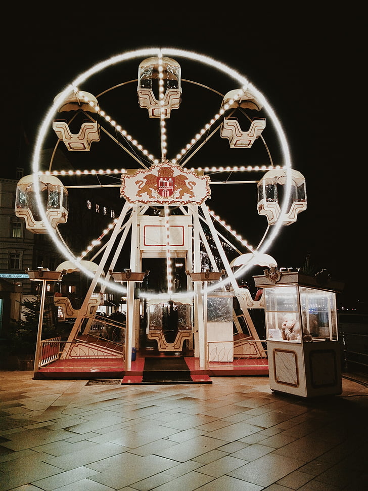 carousel, lit, night, amusement park, light, carnival, no people
