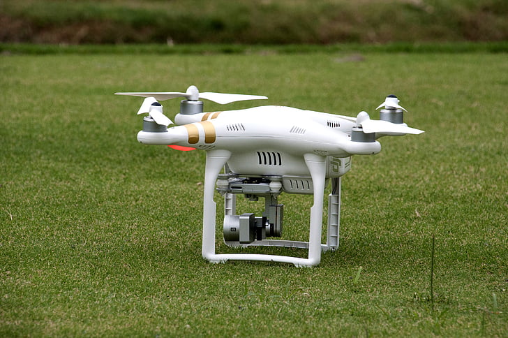 hvid, DJI, Phantom, udstyr, drone, græs, flyvende