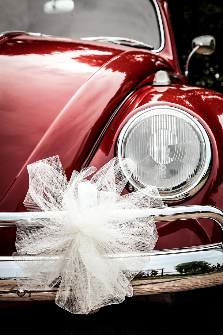 VW beetle, skalbagge, bil, ceremoni, röd, bröllop, översvämning ljus