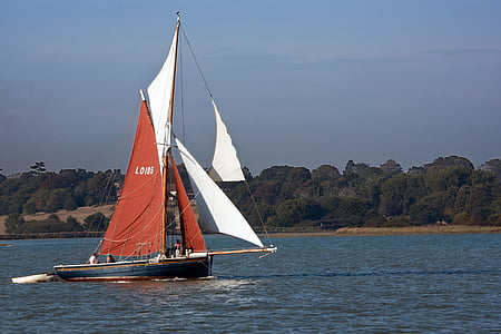 zeilboot, tuigage, houten, één mast, zeilen, rood, wit