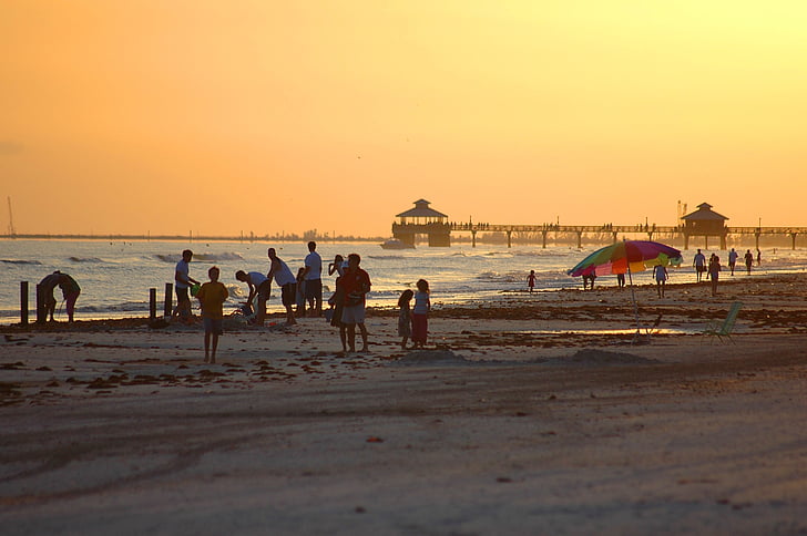 Fort myers beach, Florida, matahari terbenam, orang-orang, malam, Pantai, Pantai