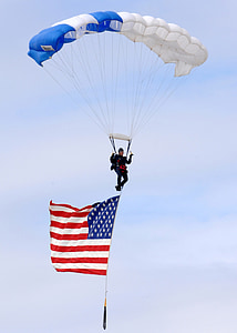 american flag, old glory, flying in, parachute, parachuting, patriotic, stars and stripes