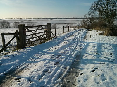 neve, paesaggio, melton mowbray, cancello, campi, inverno, natura