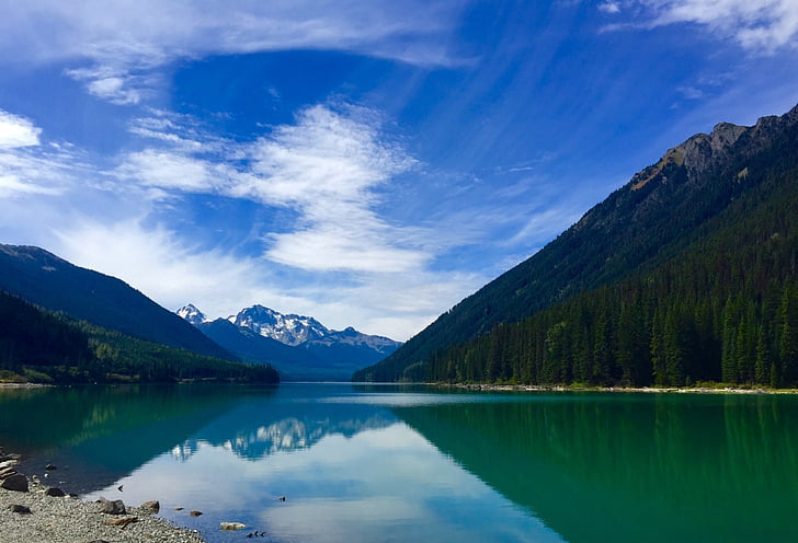 mountains, river, sky, blue, water, reflection, landscape