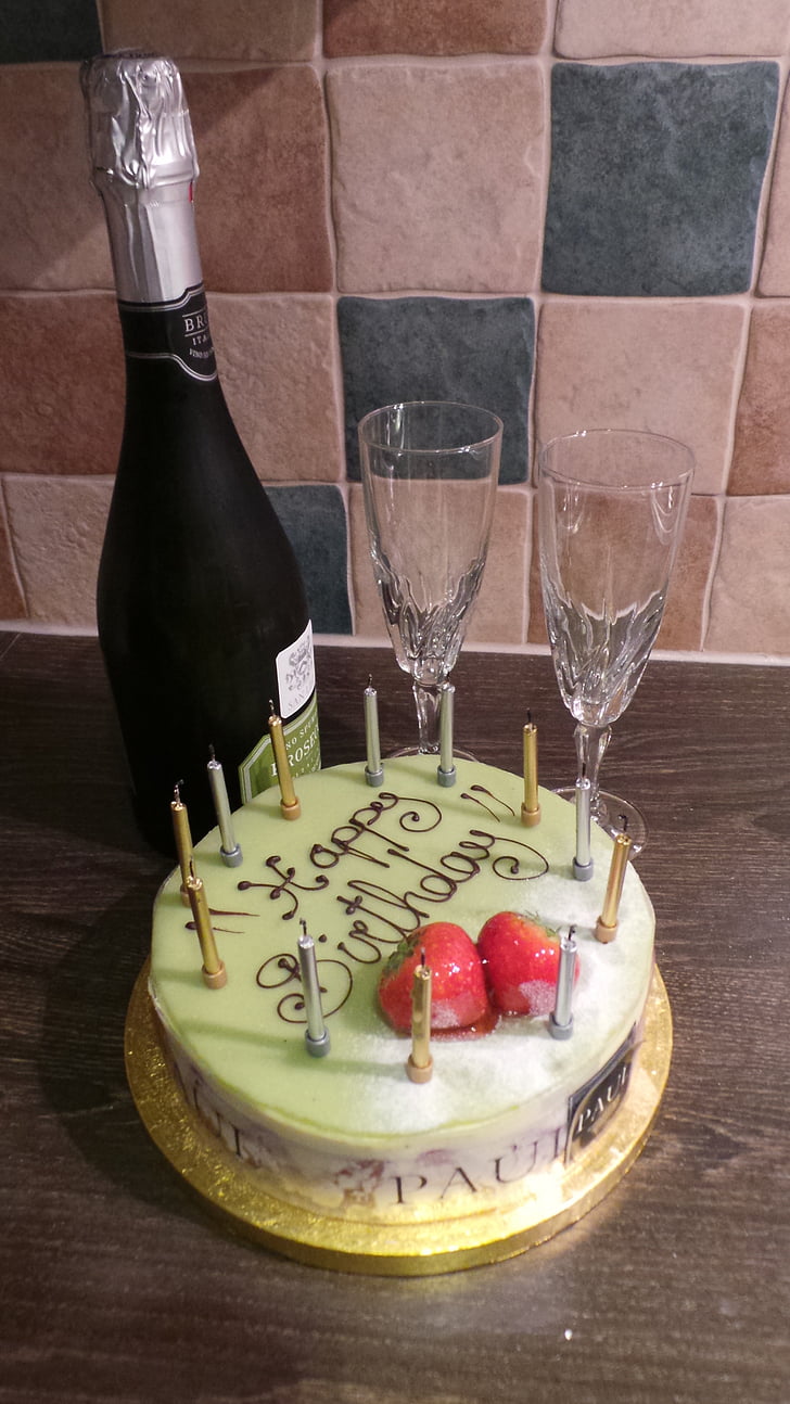 urodziny, ciasto, celebracja, truskawka, butelka, toast