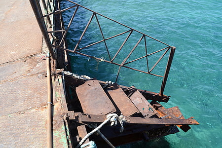sea, pier, stairs, rust, metal, broken, dangerous