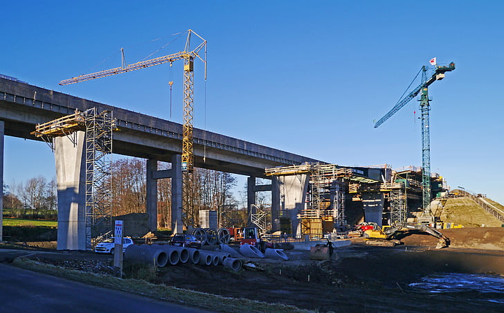 highway construction site, valley bridge, crash, new building, once ripe, construction cranes, pillar