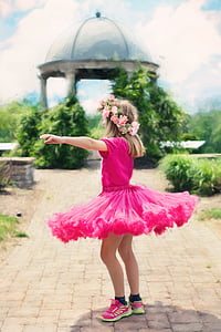 소녀, 핑크, 드레스, 근처, 전망대, 주간, 여름