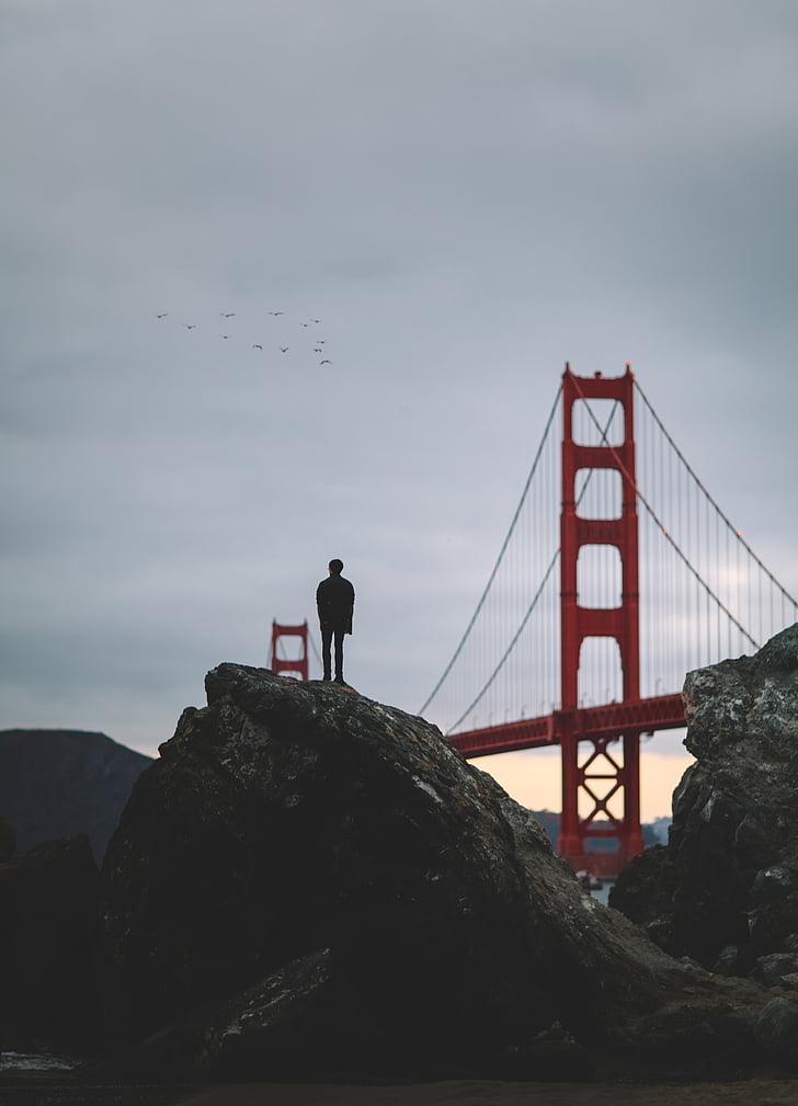 silhouette, person, standing, rock, near, red, bridge