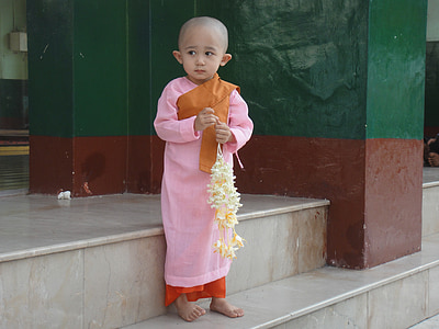 enfant, Myanmar, Birmanie, moine, Sweet, timide, jeune fille