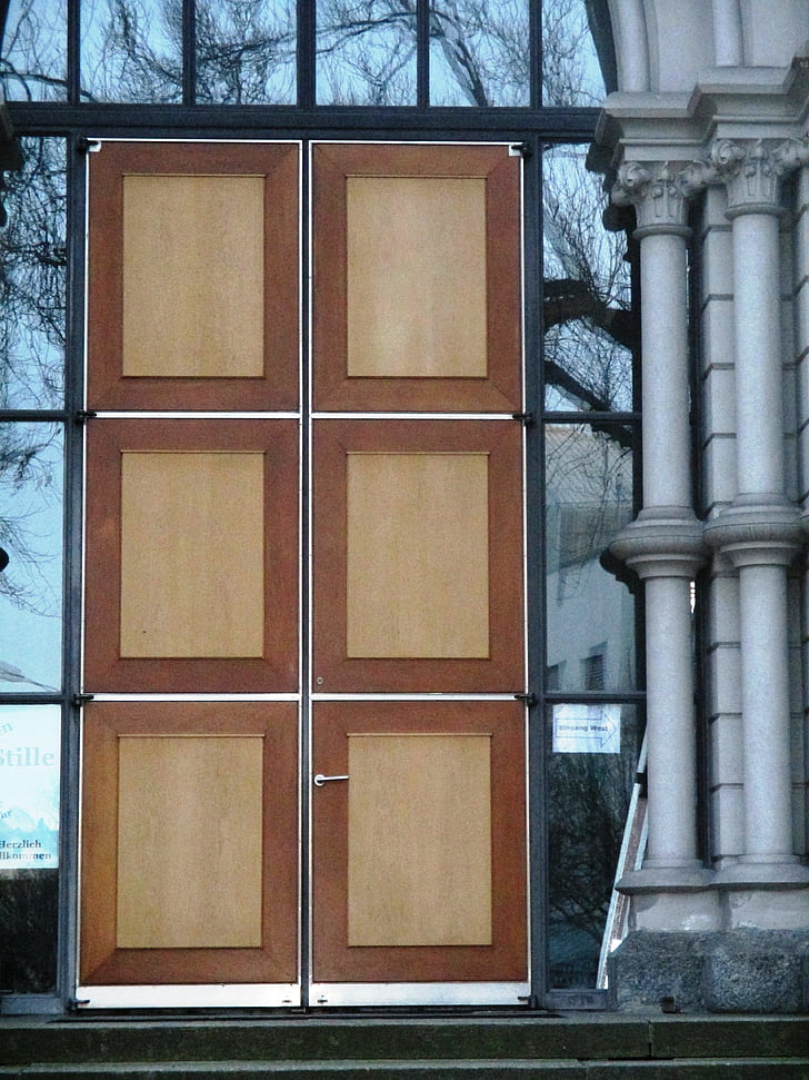 Architektura, vstup, dveře, dřevo, sloupovitý, kostel, zrcadlení