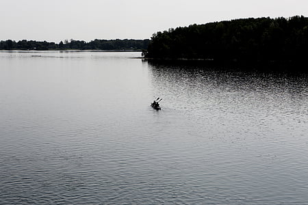 black, boat, body, water, near, island, canoe