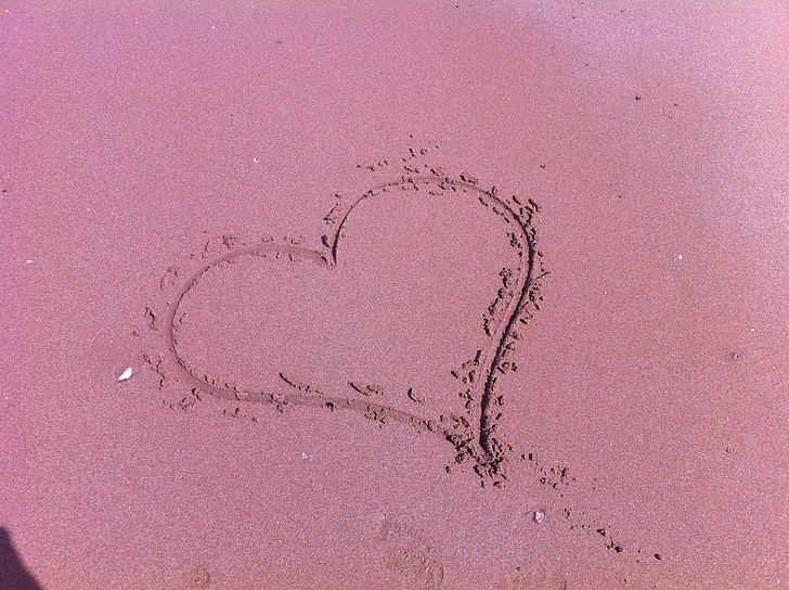 heart, sand, beach, love