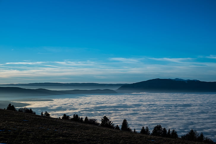 fog, mountain, nature, outdoors, sea of clouds, silhouette, sky