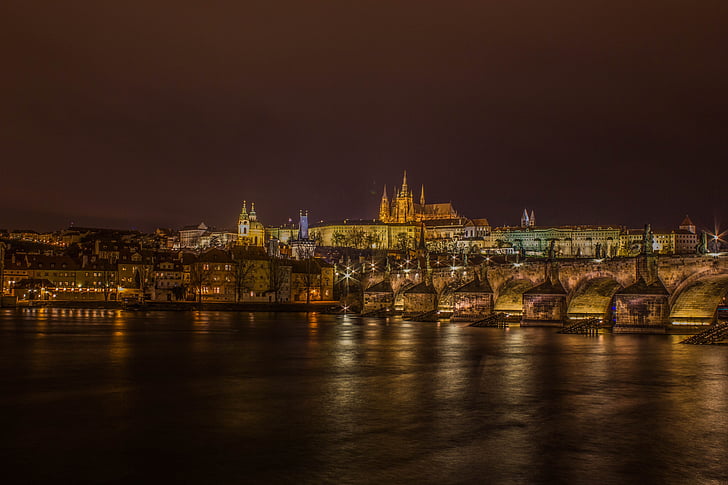 Puente de Carlos, Castillo, Río, noche, Praga, puente, Europa