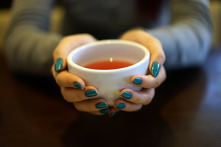 teh, Piala, cangkir teh, panas, tangan, memegang, pemanasan