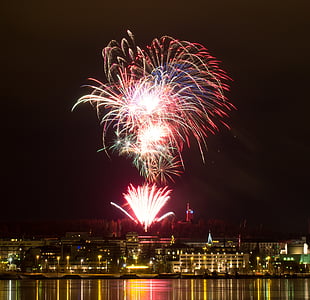 fireworks, color, light, colors, water, reflection, new year