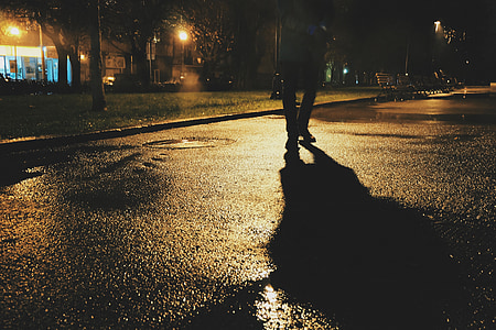 pedestrian, walking, shadow, night, evening, street, road