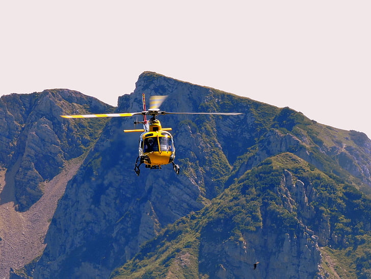 helicopter, fly, emergency, mountain, sky