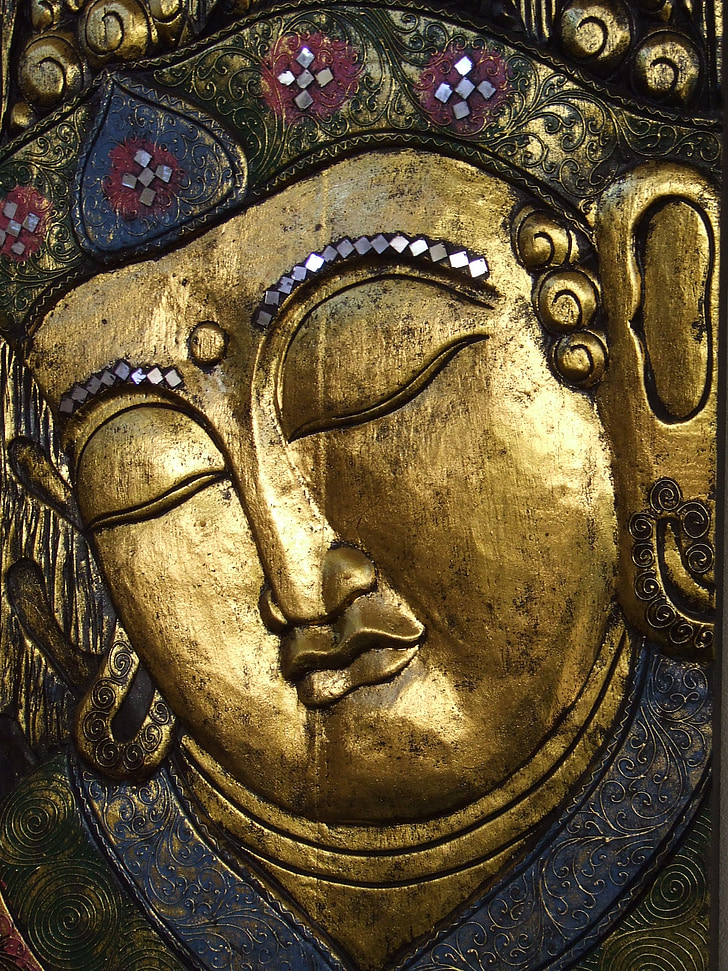 Buddha, gyllene, fredliga, ansikte, porträtt, skulptur, Fresco