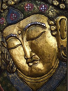 Buddha, arany, békés, arc, portré, szobrászat, freskó
