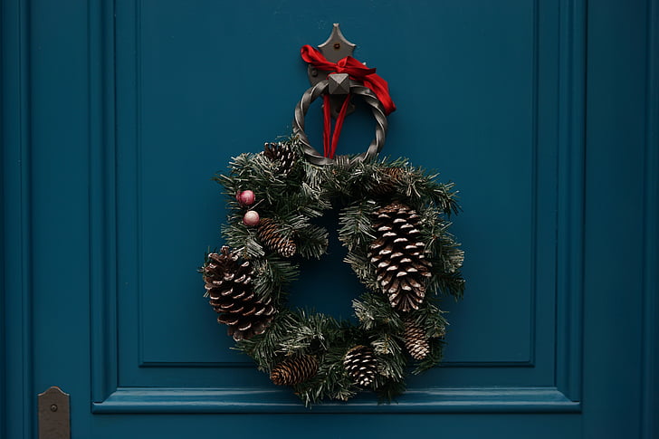 green, christmas, wreath, decor, pine, cone, decoration